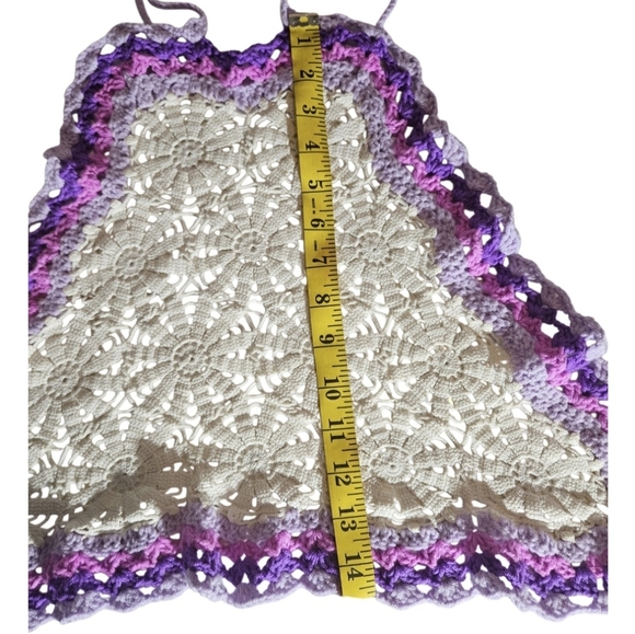 Handmade White Crochet Halter Crop-Top Floral Hand Knit Triangular Shape Purple - Picture 16 of 17